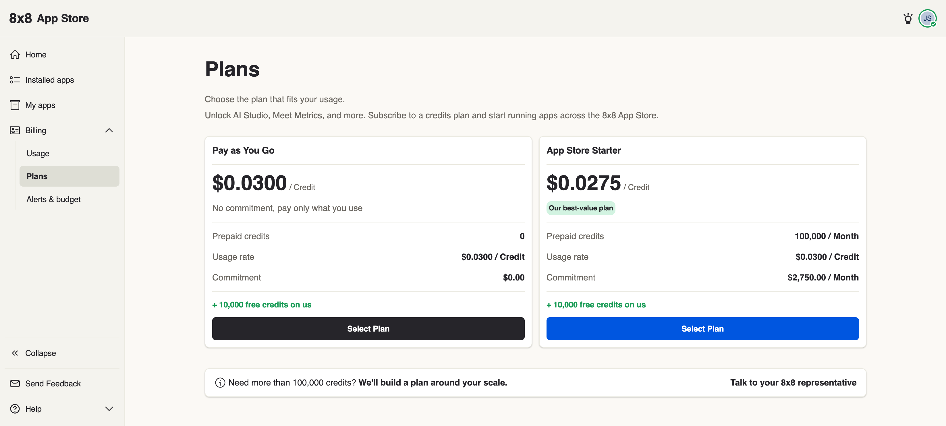 The Plans page showing Pay as You Go and App Store Starter